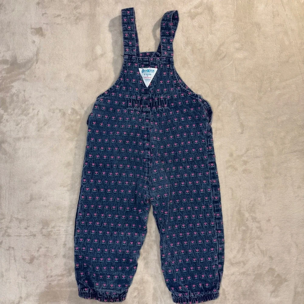 Vintage OshKosh Bgosh Vestbak Overalls 24M Blue Denim Pink Heart Floral USA Made